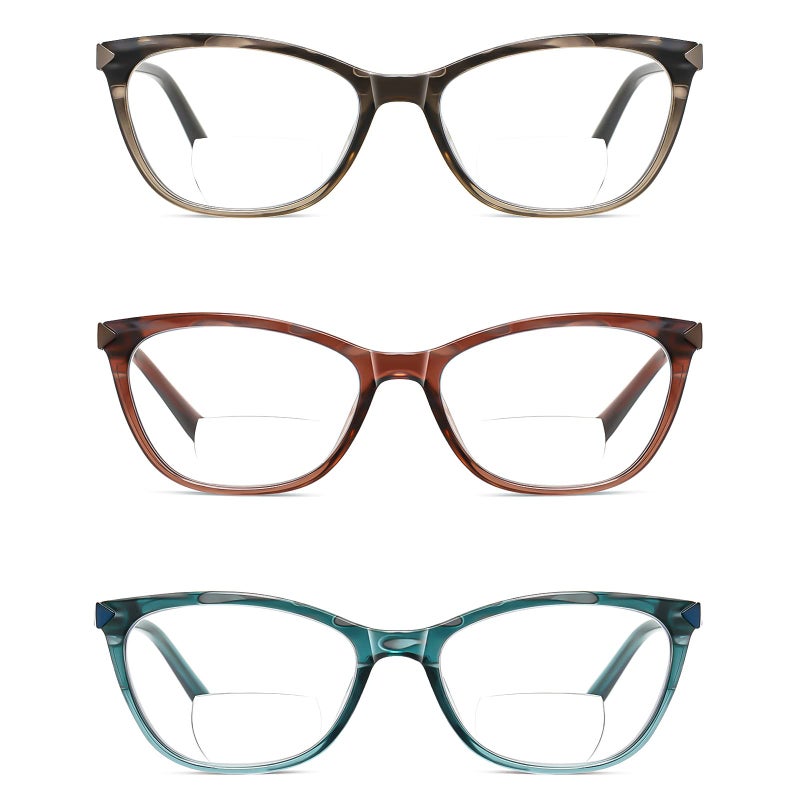 Kafirlo Bifocal Reading Glasses For Women Cat Eye Blue Light Protection Computer Reader Clear Top Ladies Anti Reflective Funky Fashion Travel Eyeglasses Large Head Spring Hinges Red Green 3 Pack 1.5 - Image 2